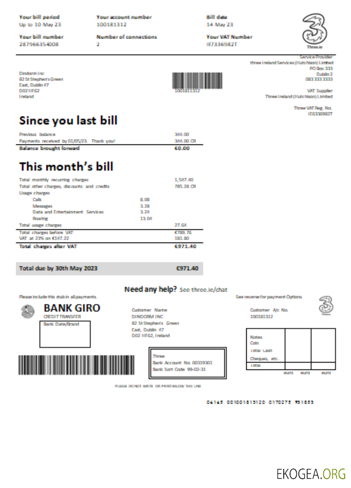 Facture commerciale de services publics de Three Ireland (Hutchison) Limited, GO